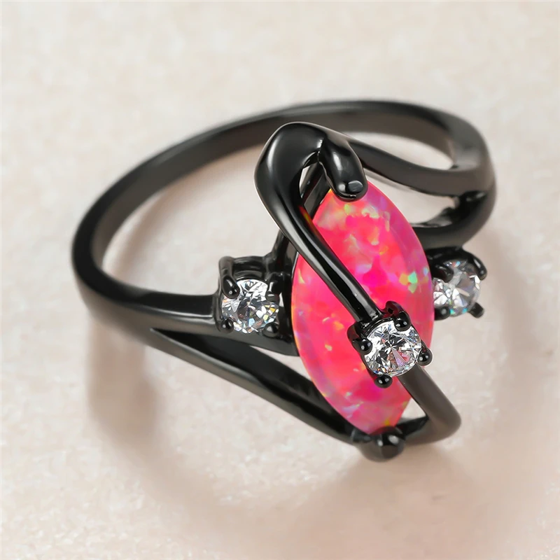 

Cute Female Pink Opal Stone Ring Charm 14KT Black Gold Wedding Rings For Women Promise White Round Zircon Engagement Ring