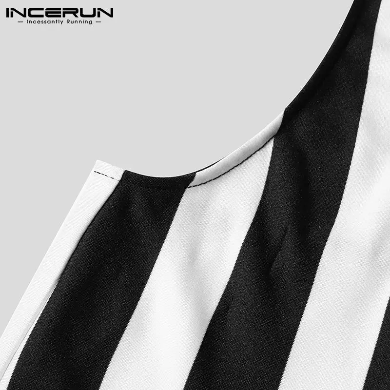 Fashionable All-match Simple Men's Onesies Black&white Stripes Sleeveless Pants Suspender Trousers Casual Style Jumpsuits S-5XL