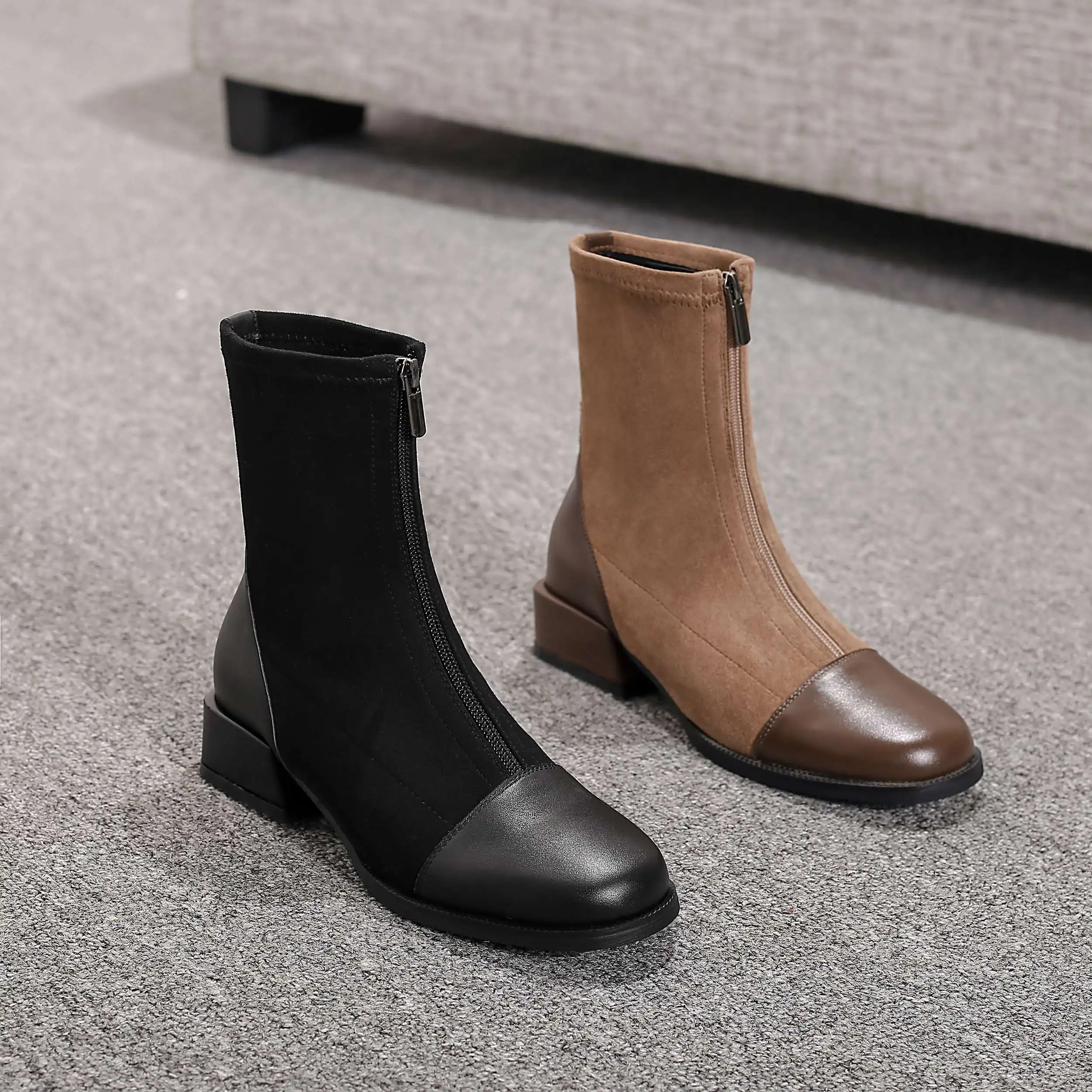 

Lenkisen high quality cow leather large size patchwork square toe thick med heel zipper leisure dating british ankle boots L80