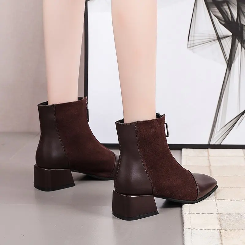 

High heels women's boots autumn new short boots British style thick-soled Martin boots plus velvet zipper boots X705