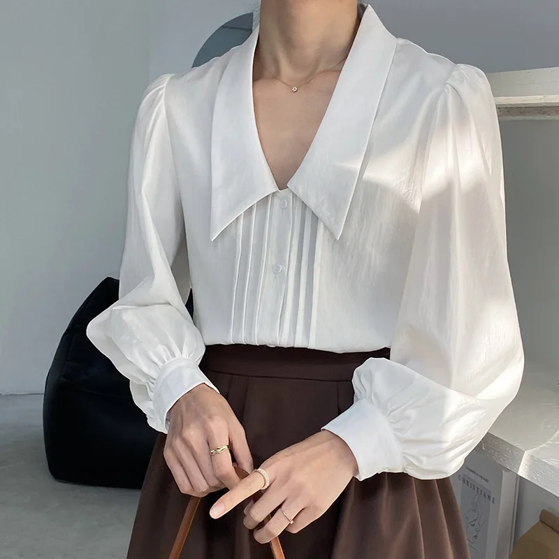 

Стильная женская рубашка с отложным воротником, новинка весны 2021, блузки, женские белые темпераментные плиссированные Дизайнерские одното...