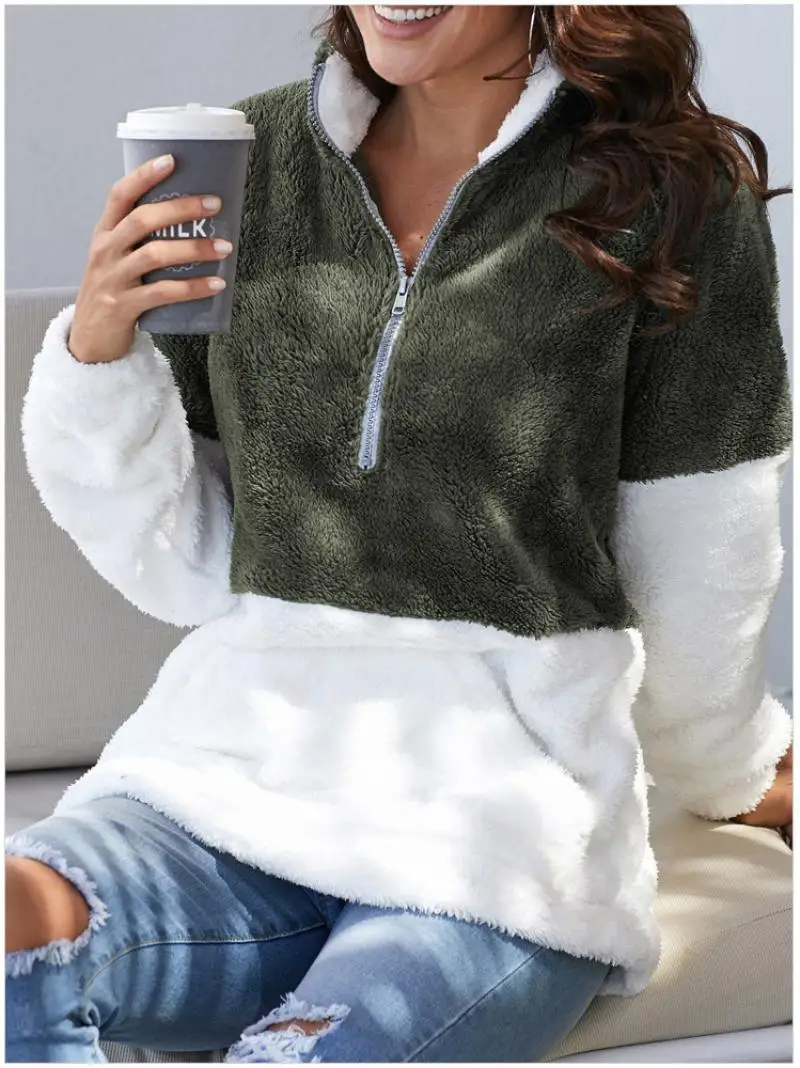 

Women's Pullovers Casual Winter Fur Coat Women Clothes Zipper Patchwork Sweatshirt Female Pullover Warm Loose Pockets Jacket