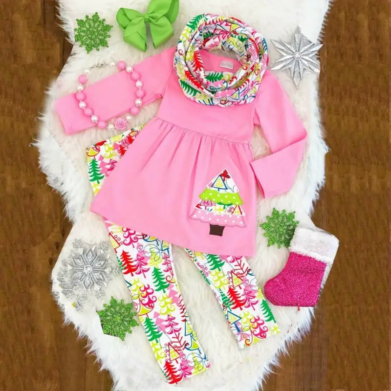 

Holidays Kids Baby Girls Outfits Clothes T-shirt Tops Dress+Long Pants Set Xmas