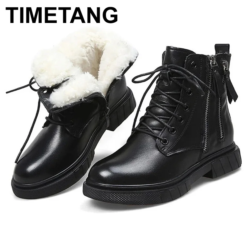 

TIMETANGBritish Style Women Snow Boots Winter Warm Wool Fur Ankle Boots Double Zipper Genuine Leather Women Cotton Shoes
