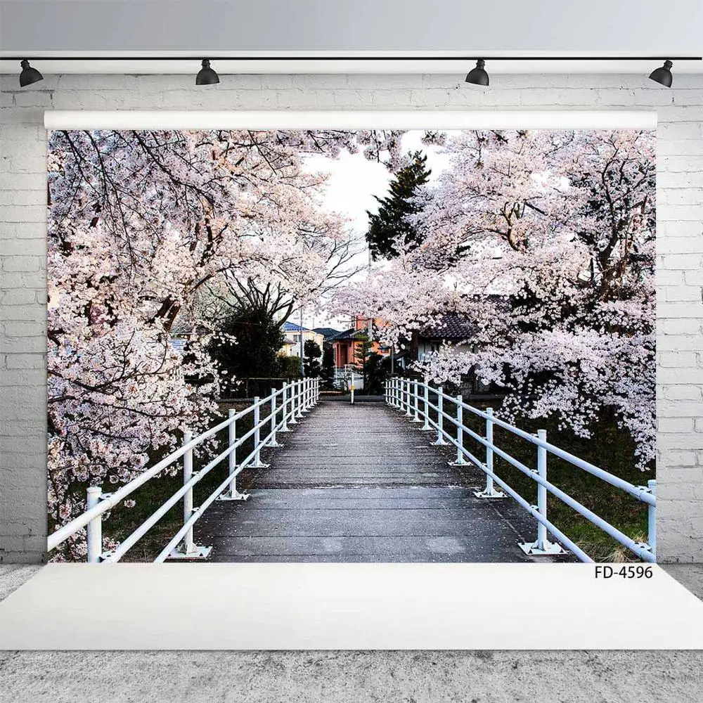 Фоны для фотосъемки весенние пейзажи Сакура деревянный мост живописный ребенок
