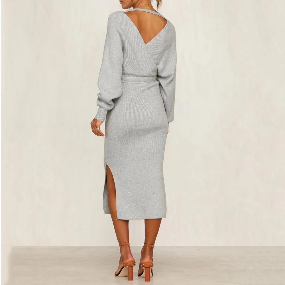 Элегантное трикотажное платье-свитер женское осеннее сексуальное платье с