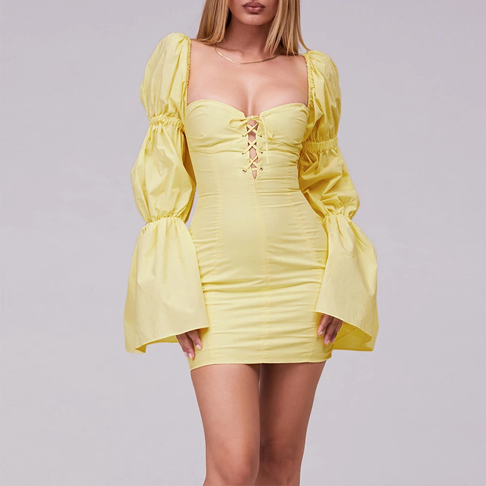 

Женское мини-платье с пышными рукавами, лимонное облегающее платье с завязкой, лето 2021
