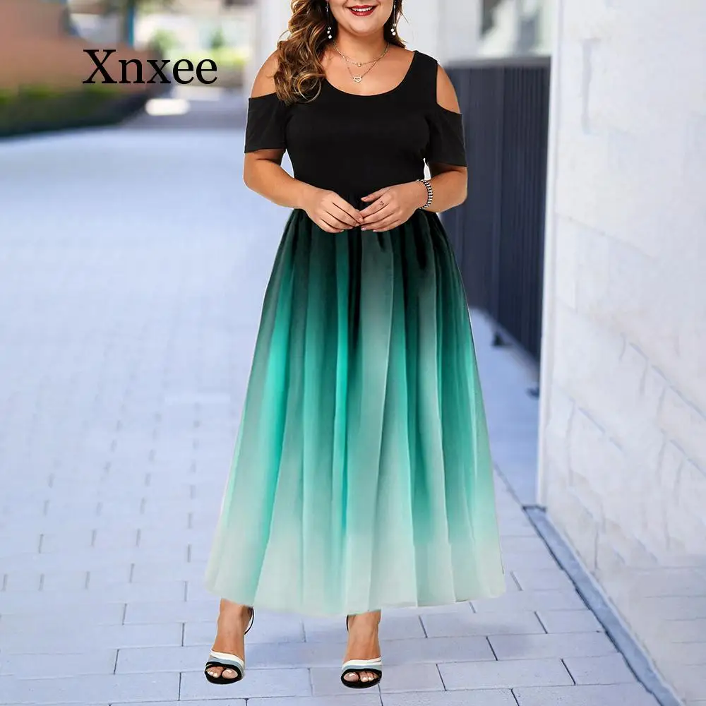 

Large Size Elegant Dress Ladies New Hollow Out Print Plus Size Dresses for Women 6XL Casual Female Autumn Maxi Dress Gradient