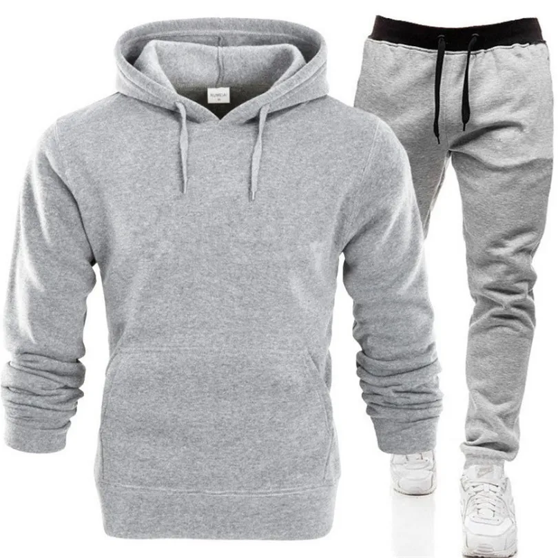 

Tracksuit Men Fashion Hoodies Men Suits Solid Sets Men Sweatshirts+Sweatpants Spring Autumn Fleece Hooded Pullover 2 Pieces Set