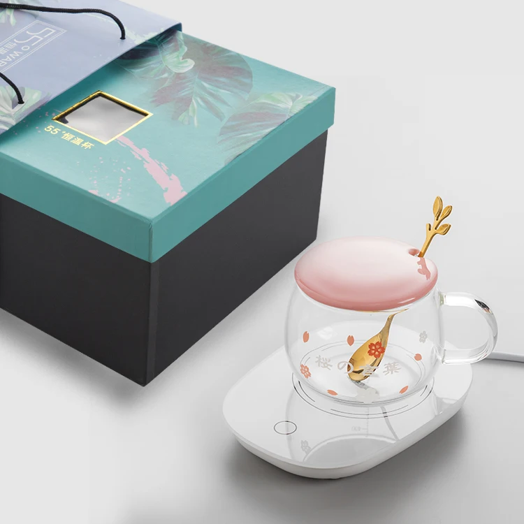 

55 degrees thermostatic 430ml Glass Cup With Tea Infuser Filter&Lid Cherry Blossoms Transparent Heat Resistant Drinking Glasses