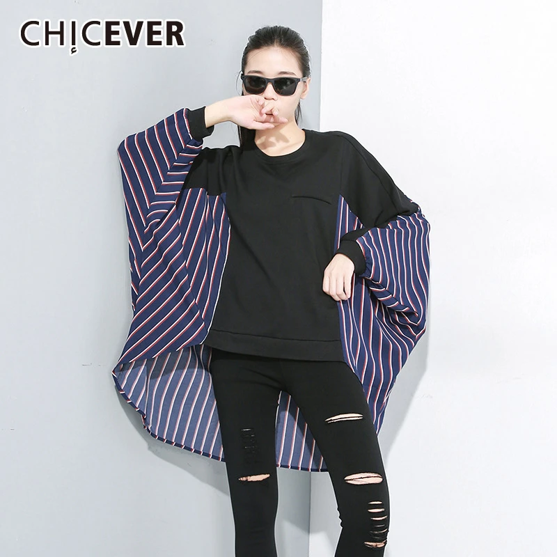 CHICEVER Асимметричные Лоскутные Полосатые футболки женские с круглым вырезом и