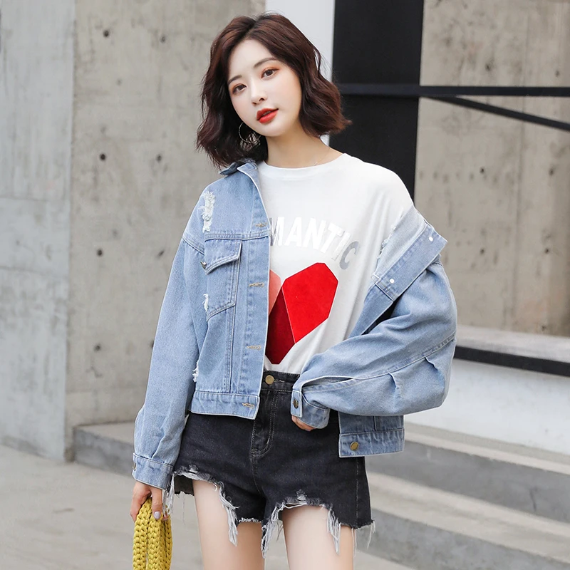 Женская джинсовая куртка с потертостями Короткая свободная Куртка Harajuku Chaquetas Mujer