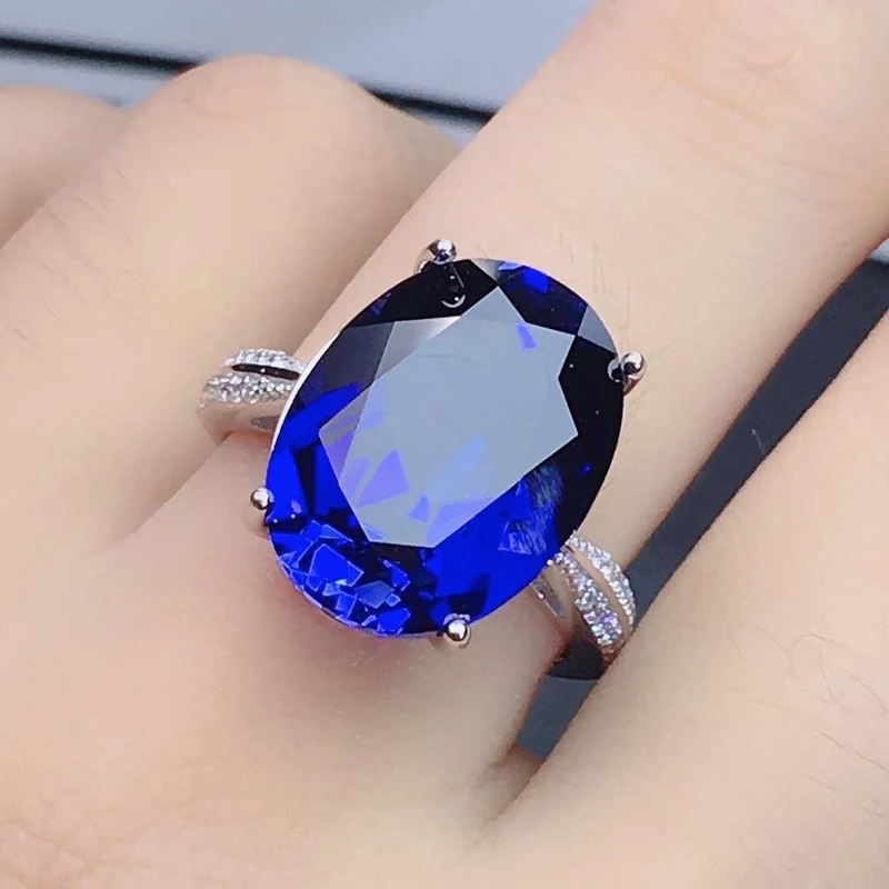 

Fine Jewelry With Blue Oval Big Zircon Dainty Simple S925 Silvery Open Rings Bridal Wedding Accessories Women's Anniversary Gift