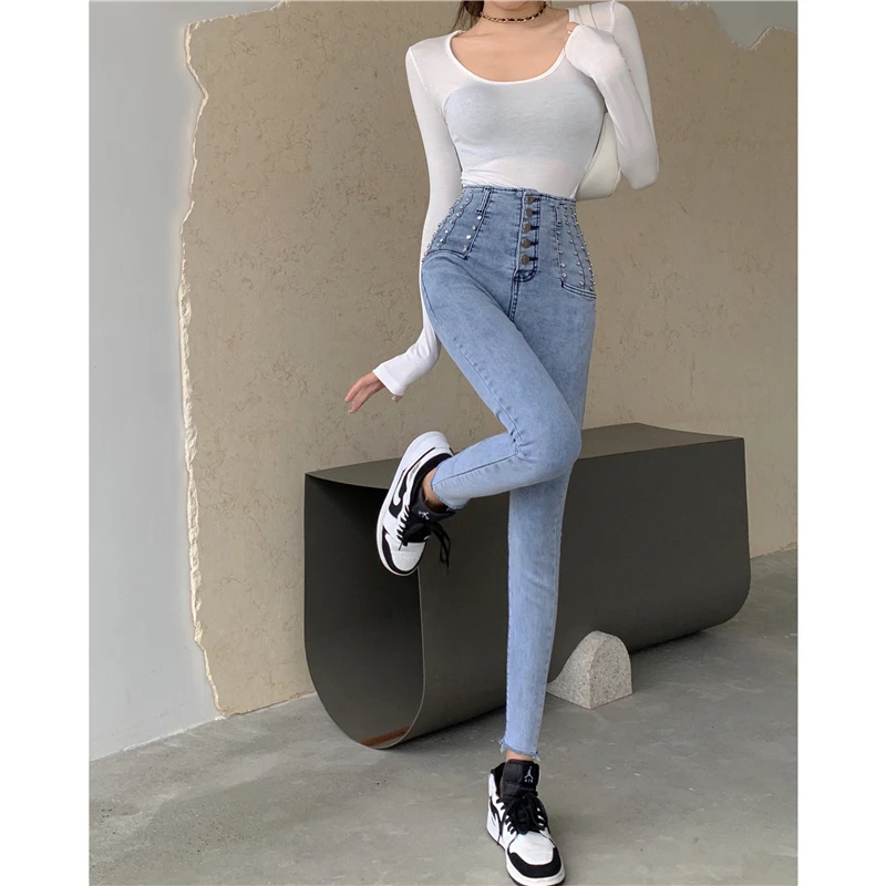 

Повседневные джинсы, осень 2021, тяжелая промышленная одежда, двубортные эластичные облегающие брюки с высокой талией, модная женская одежда