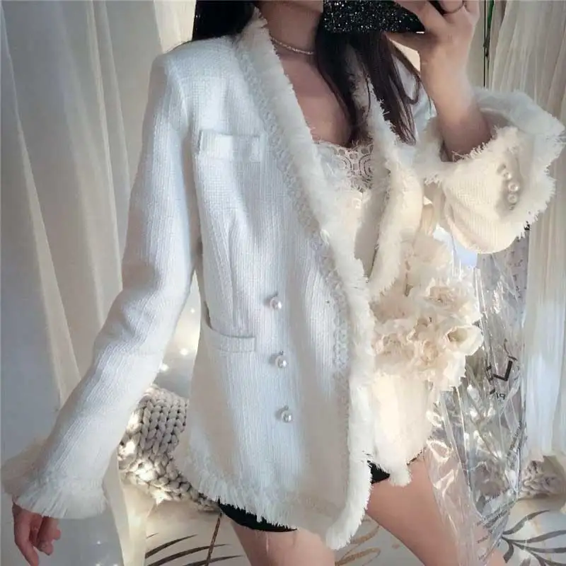 Женский шерстяной пиджак YAMDI в стиле бохо элегантный белый твидовый с высокой