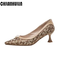 beige apricot printing leather pumps formal ladies kitten heel dress party shoes pointed toe beading embellished classic pumps