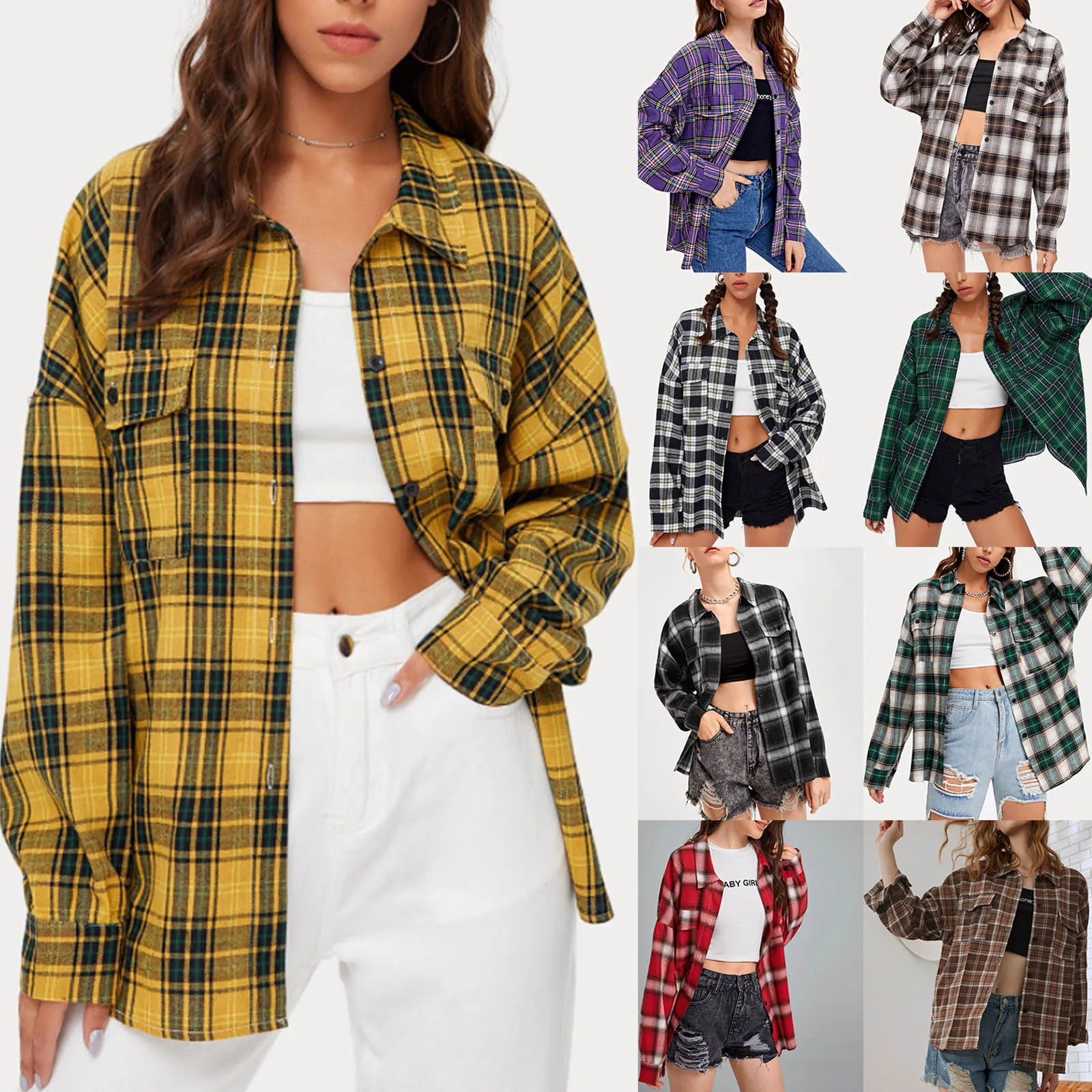 

Women Blouses Turn-down Collar Spring Shirts Plaid All-match BF Batwing-sleeve Loose Outwear Harajuku Female Casual Korean Coats