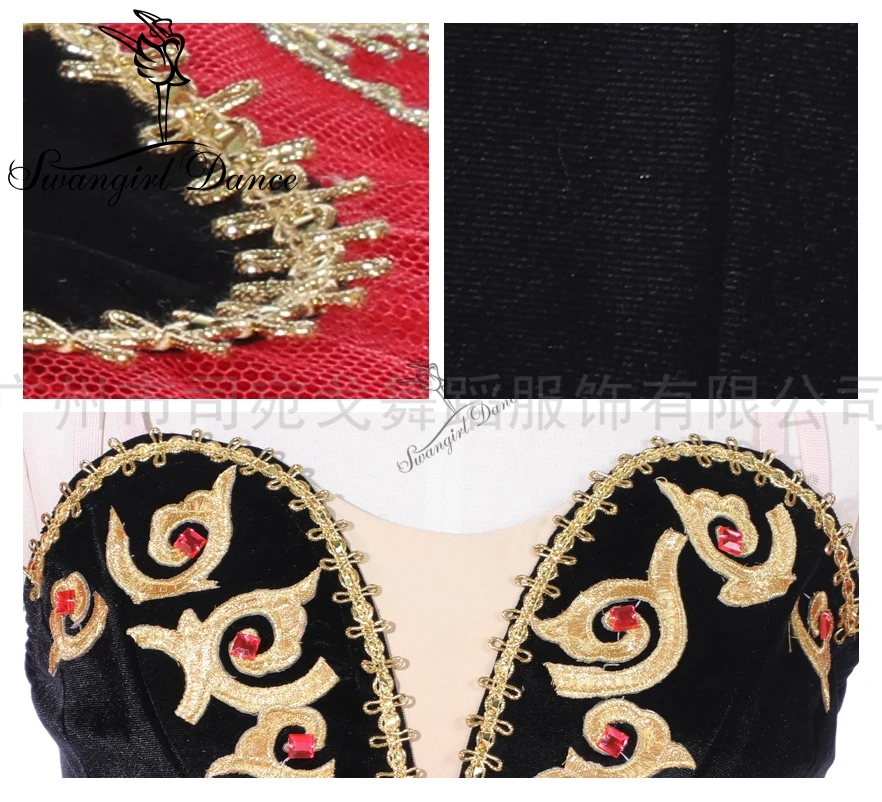 Чёрно-красные костюмы для женщин балета Don Quixote Paquita с профессиональными пачкинами на сценическом платтере BT9292.