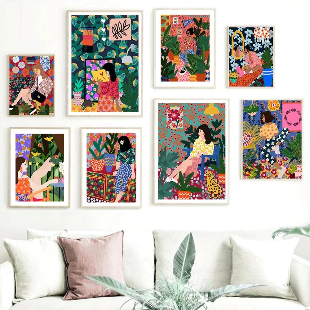 

Abstract Colorful Fashion Girl Plant Wall Art Canvas Painting Nordic Boho Modern Poster And Prints Picture For Living Room Decor