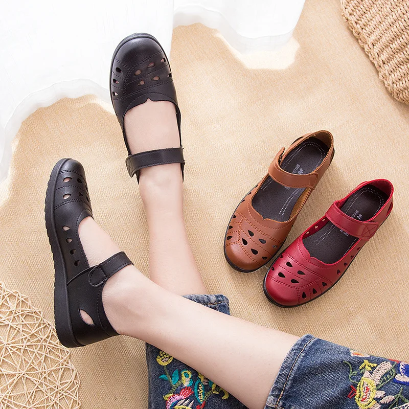 

2021 Summer Ballet Flats Shoes Woman Hollow Leather Mary Jane Casual Shoes ladies Genuine Loafers Shoes Female Sapato Feminino