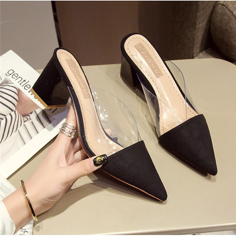 Женские шлепанцы на высоком каблуке босоножки с острым носком прозрачная