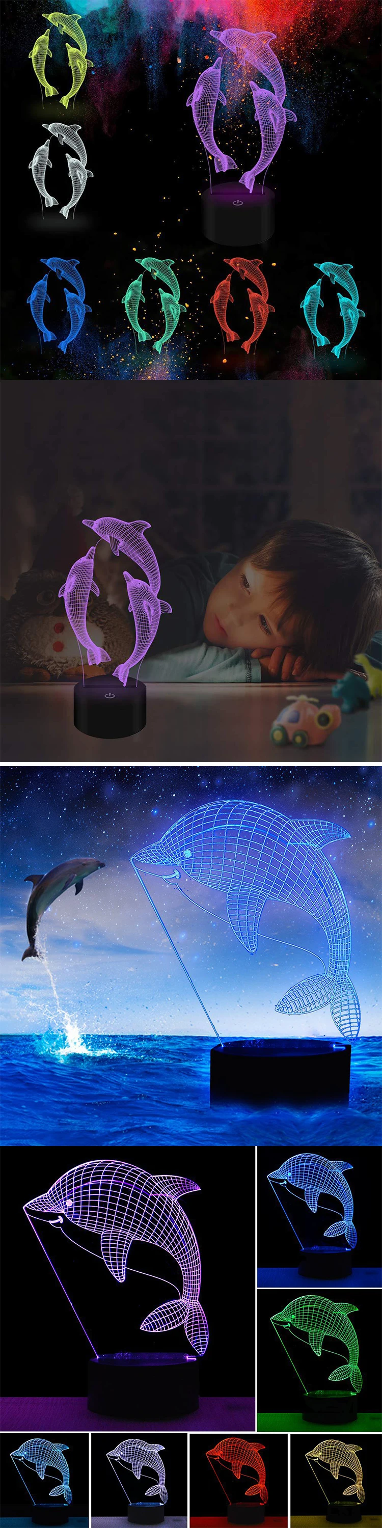 Фигурка 3D RGB лампы в форме дельфинов Подарочный ночник светодиодный 7 цветов ночник