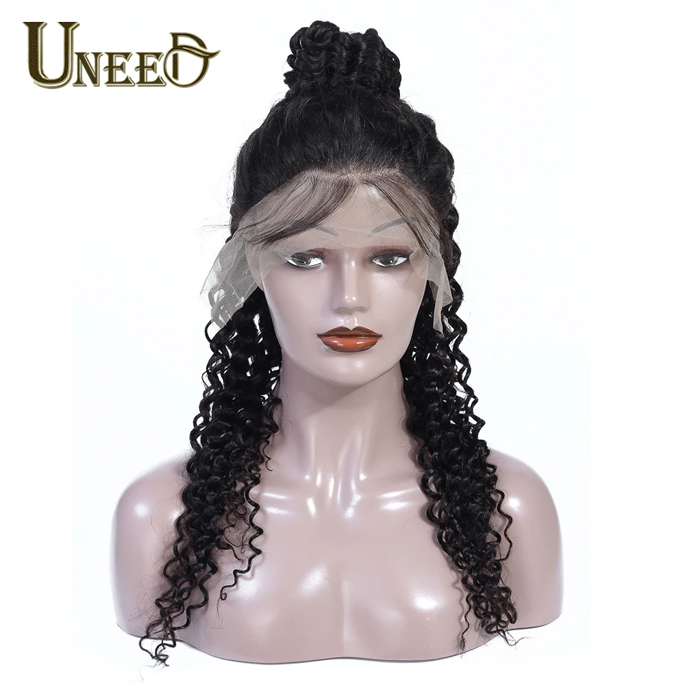 Uneed 13*4 парики на шнурках для черных женщин Бразильские глубокие волнистые человеческие волосы парики предварительно сорванные с волосами младенца 150% плотность remy волосы