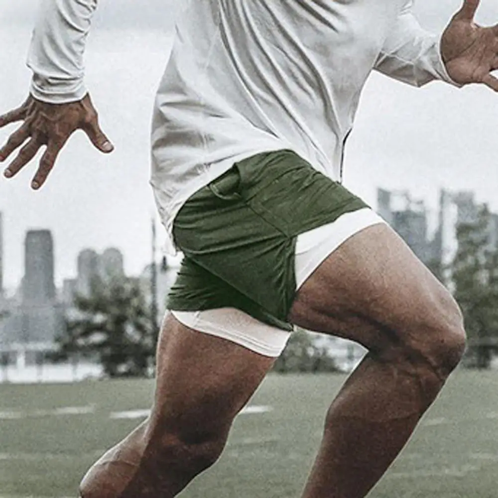Мужские шорты для бега 2 в 1 летние и осенние спортивные фитнеса быстросохнущие