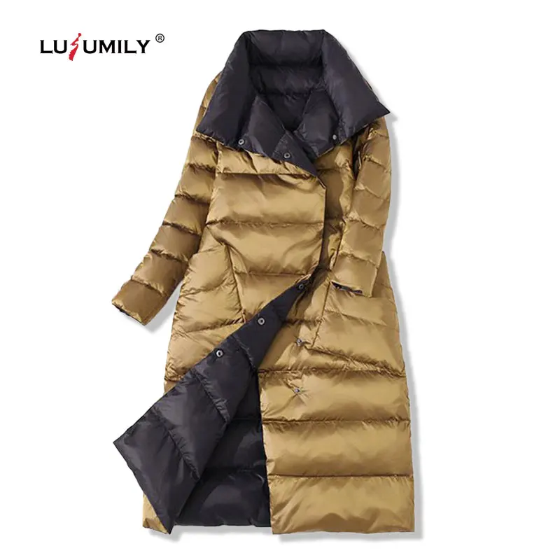 

Куртка женская двухсторонняя длинная на утином пуху, с воротником-хомутом