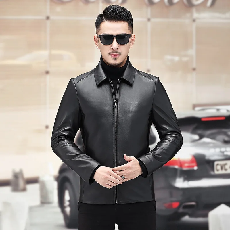 

A leather coat for men's Lapel leather jacket top layer sheepskin middle aged thin business fashion men's wholesale