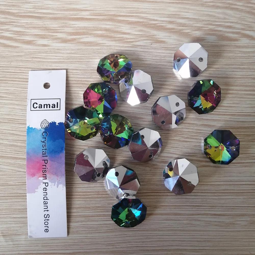 Camal 20pcs Rainbow 14mm Crystal Octagonal Loose Beads Two Holes Prisms Chandelier Lamp Parts Accessories Wedding Centerpiece images - 6