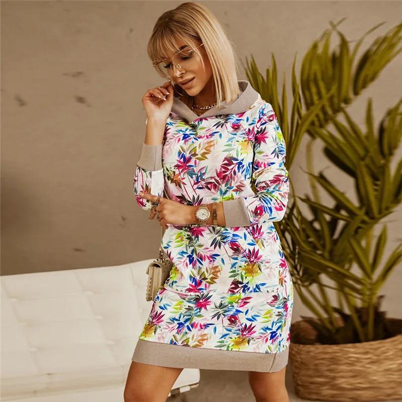 

Plus Size Women Dress Winter Hooded Print Pockets Long Sleeve Fashion Casual Dress 2021 Mini Dress
