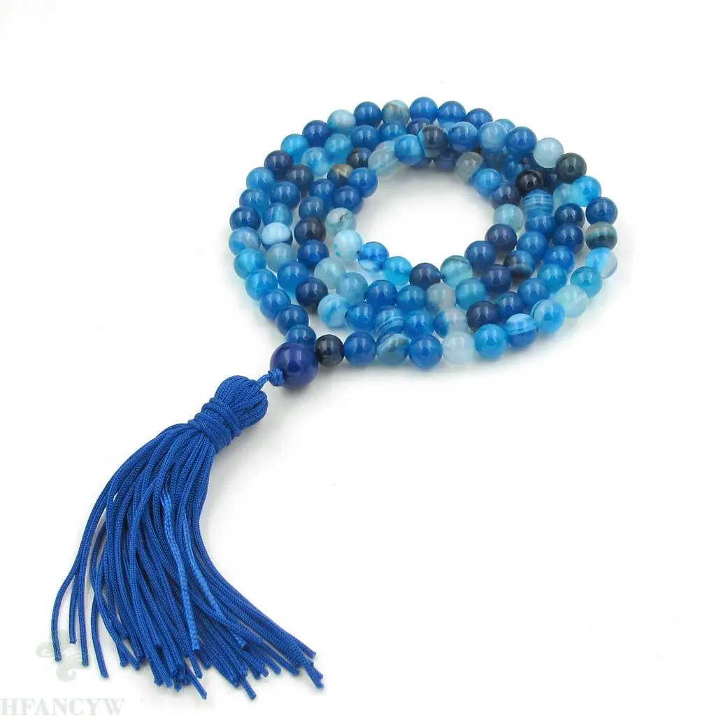 

6mm Blue Onyx 108 beads Bracelet mala Buddhism yoga Fancy chain cuff Healing Veins Sutra spirituality Wristband Unisex Wrist