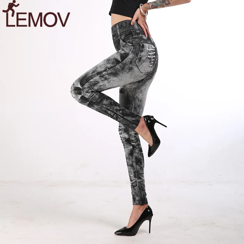 Женские обтягивающие брюки из искусственной джинсовой ткани с завышенной талией