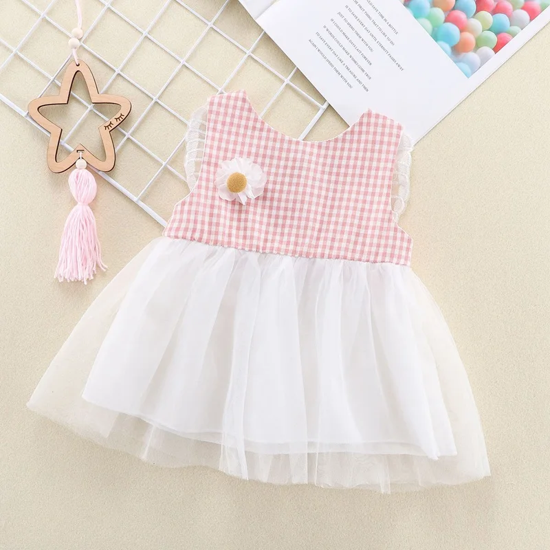 Летнее платье для девочек детское принцессы в клетку с цветочным рисунком