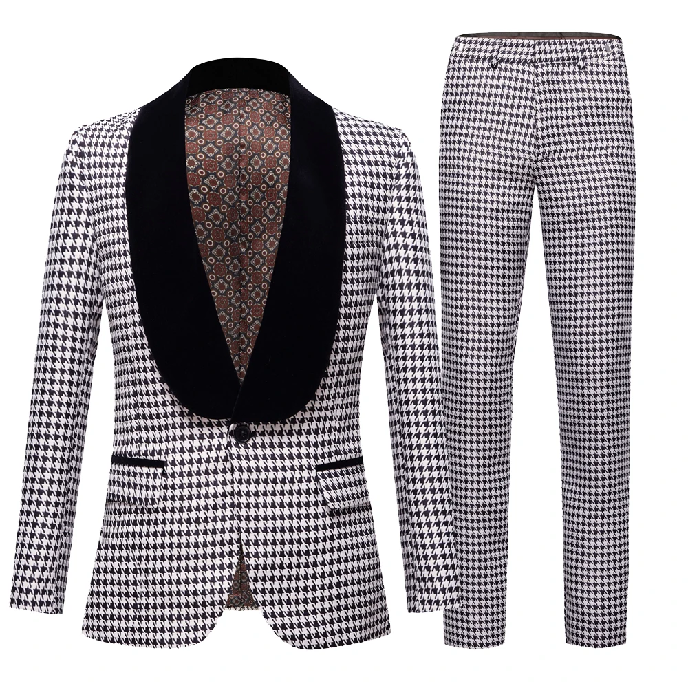 Mens White Swallow Gird Jacquard Suit Casual Boutique Business Dress Wedding Groom Coat Blazers Trousers Jacket Pants 2 PCS Set