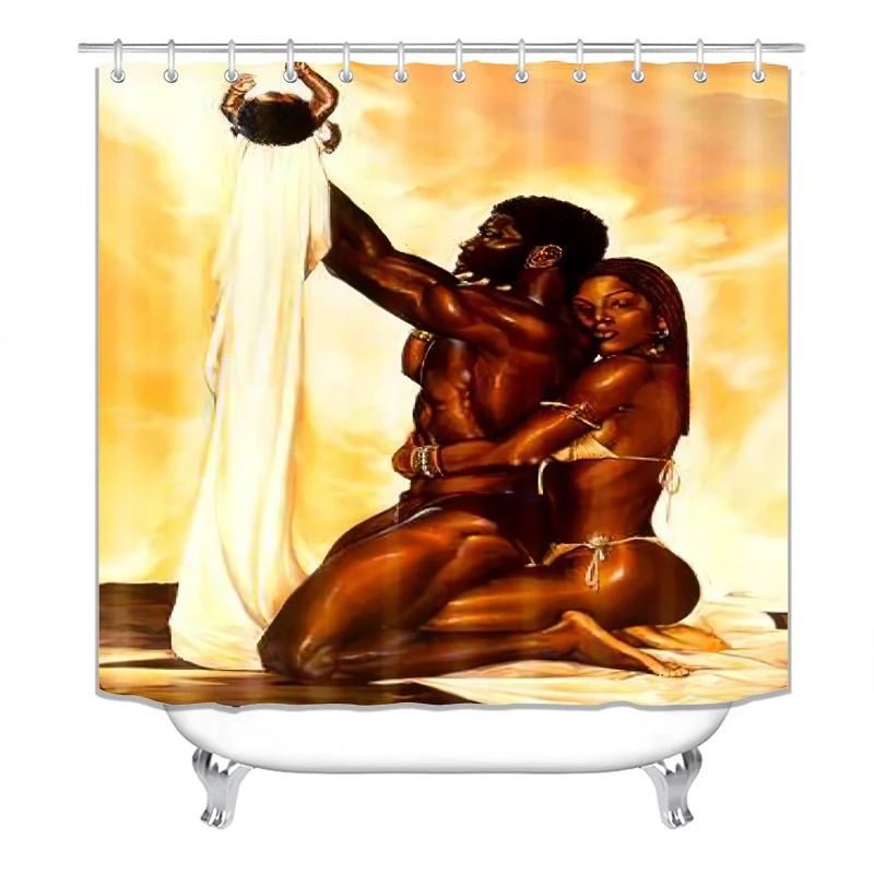 

Shower Curtains for Bathroom,Bedroom,Window, Decorations of Golden Yellow,Afirican Woman and Man,Son,Family