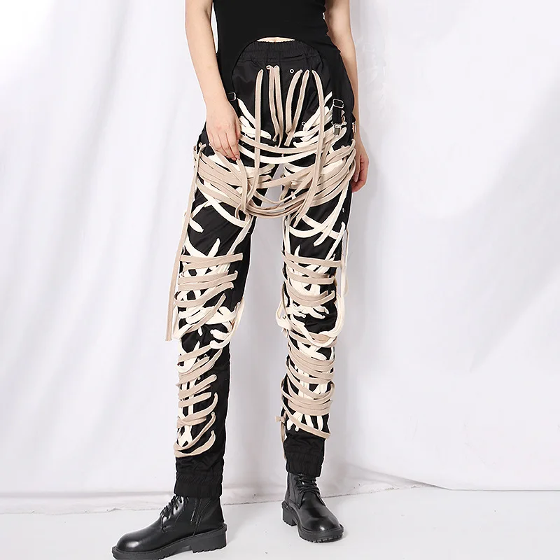 

Women Street Wear Pants Revenge Strappy Jogger Strings High Waist Cross Bandage Irregular Entanglement Female Cargo Trousers
