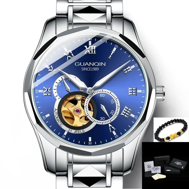 GUANQIN Japan MIYOTA Quartz Movement Automatic Mechanical Watch Men Luxury Tungsten Steel Push Button Hidden Clasp Male Clock - Цвет: Silver Blue