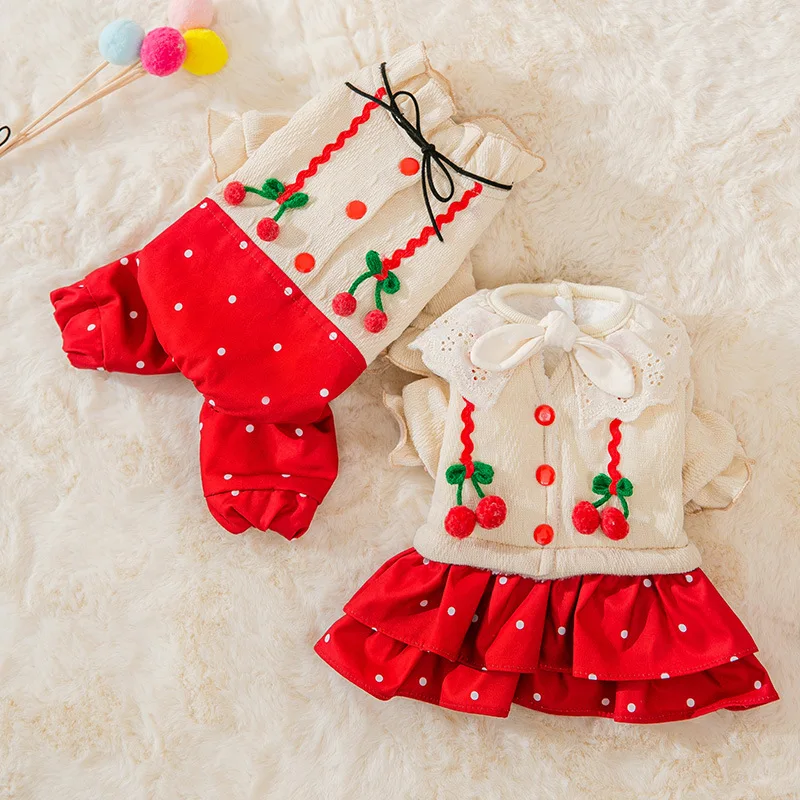 

Cherry Dog Clothes Coat Cute Pet Clothing Small Dogs Sweet Thicker Warm Couple Outfit Trendy Autumn Winter Yorkies Ropa Perro