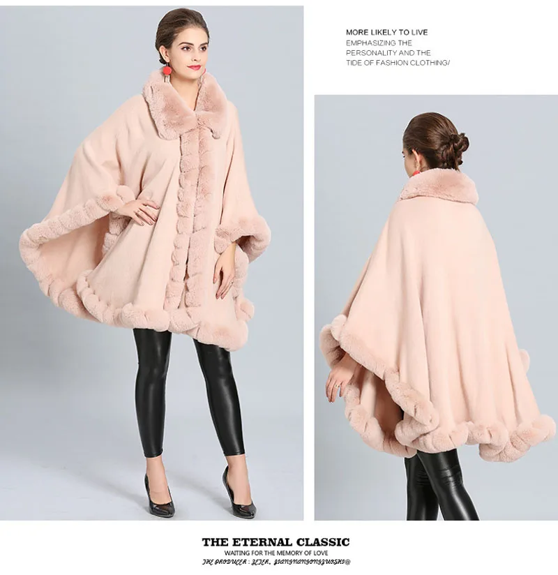 Модный элегантный большой воротник из искусственного лисьего меха, пончо, накидка, пальто, Женский Зимний вязаный поддельный кашемировый плащ, шаль, сексуальный плащ из пашмины