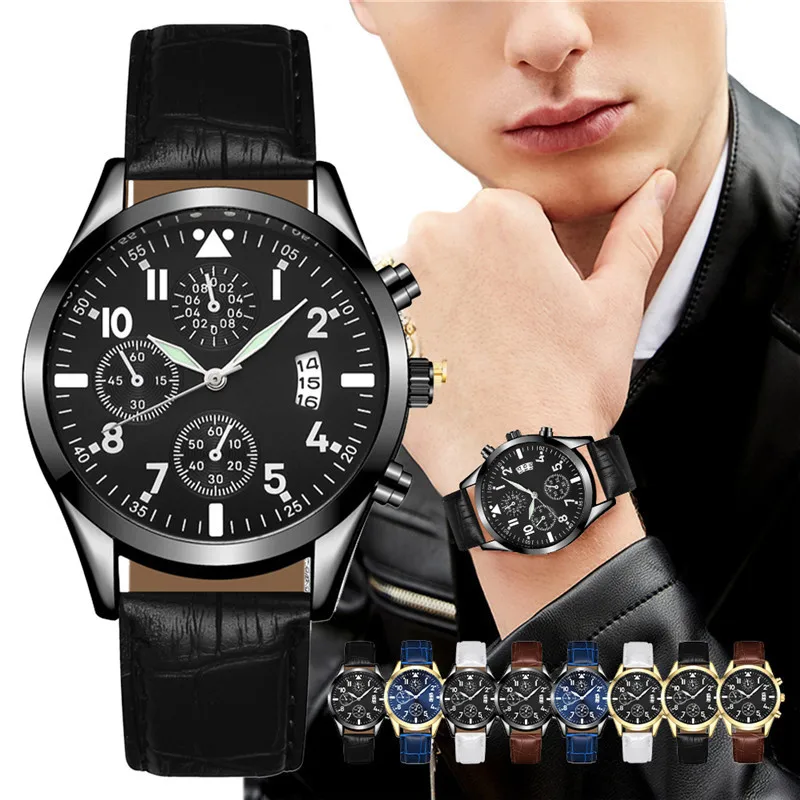 Простые мужские часы, модные повседневные многофункциональные светящиеся кварцевые наручные часы с календарем и кожаным ремешком