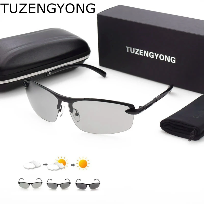 

TUZENGYONG New Rimless Photochromic Sunglasses Men Polarized Day Night Driving Glasses Chameleon Anti-Glare High Quality UV400