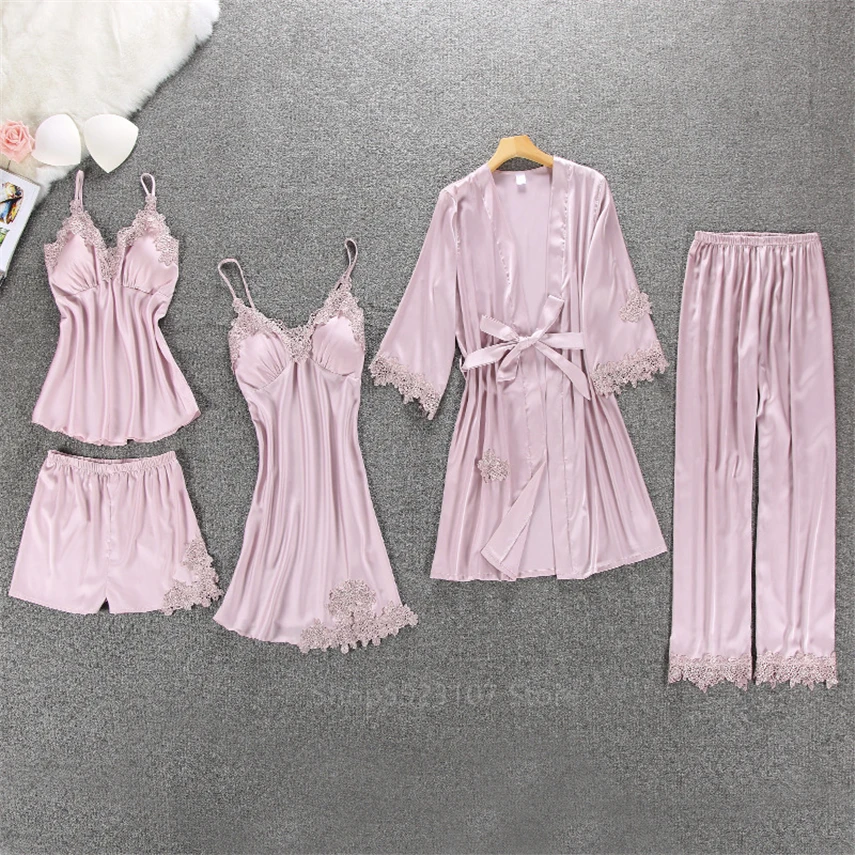 

25Style Satin Pajamas for Women Home Wear Solid Lace Silk House V-neck Cardigan Sleepwear Pijama Clothing with Chest Pads