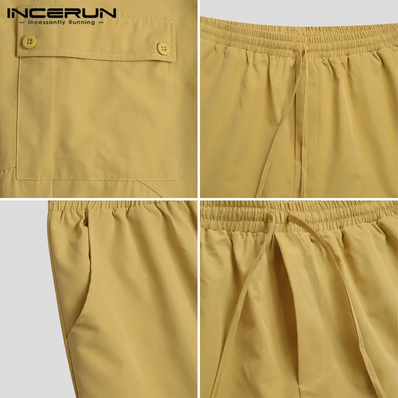 

INCERUN Fashion Men Pants Solid Color Drop Crotch Trousers Drawstring Cargo Joggers Man Multi Pockets Pantalones Streetwear 5XL7