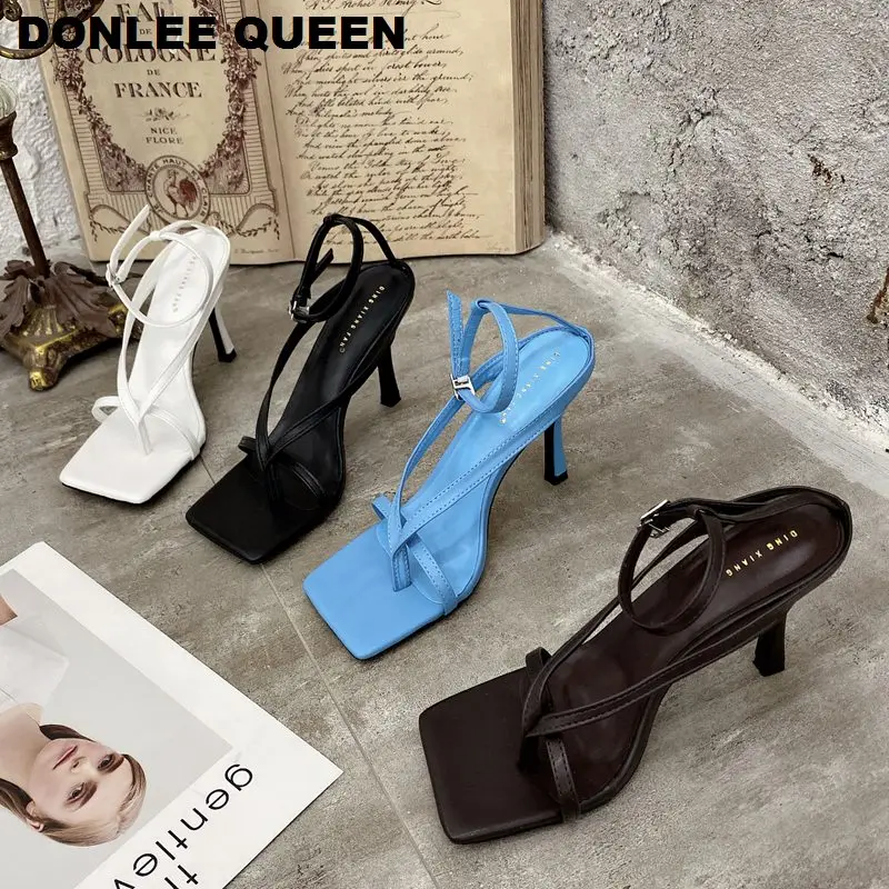 

2020 New Spring Summer Square Toe Slingback Sandals Narrow Band Gladiator Sandals Shoes Women High Heels Pumps Party Dress Shoes