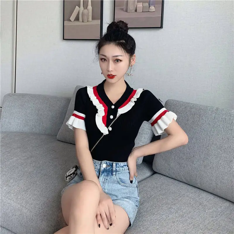 

Summer new contrast retro ruffled slim knit sweater temperament pullover v-neck short sleeve bottoming shirt top women