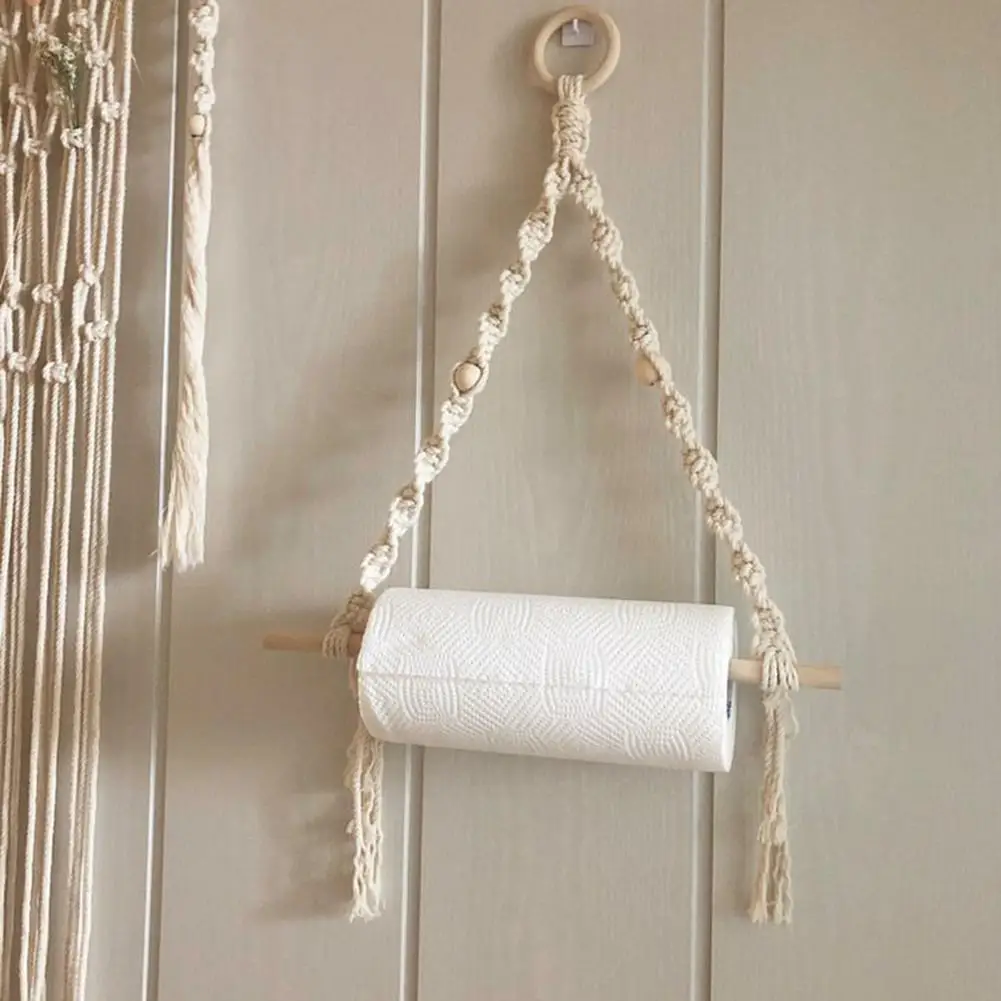 

Nordic Style Wall Hanging Wooden Toilet Paper Holder Hand-woven Macrame Wooden Stick Shelf Towel Roll Papers Rack Bathroom Decor