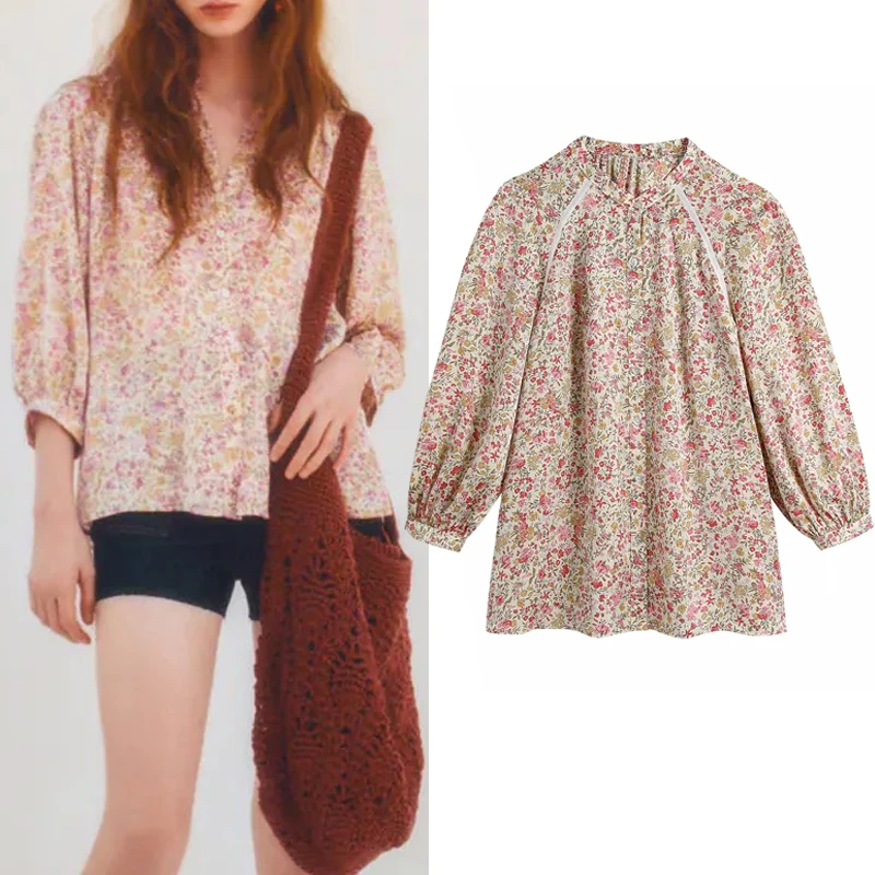 

Za Floral Blouses Women 2021 Print Button Up Shirt Woman Lace Puff Sleeve Summer Top Fashion Cottagecore Casual Blouse