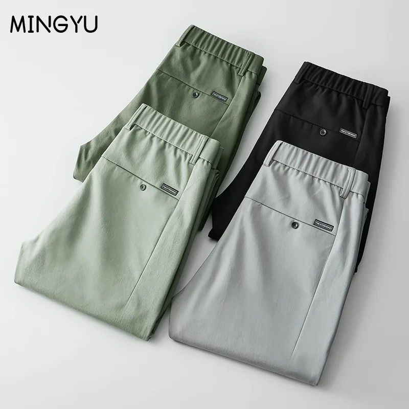 2022 Spring Summer Pants Mens Stretch Korean Casual Slim Fit Elastic Waist Business Classic Trousers Male Black Gray 28-38
